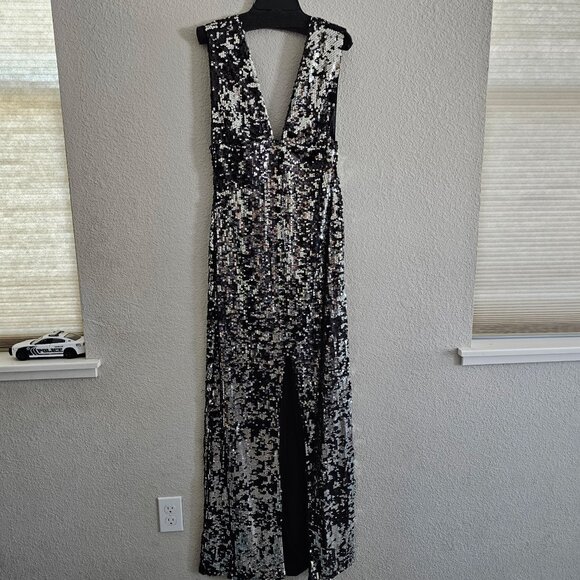 NWT | Rachel Zoe Venus Silver Black Sequin Evening Gown Maxi Dress Size 6 - Picture 3 of 10